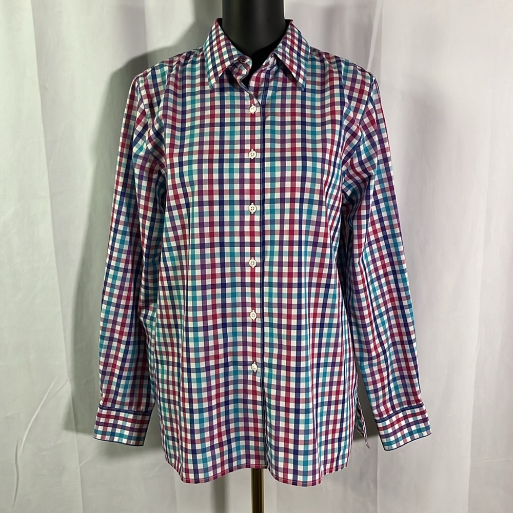 Foxcroft Pink Blue & Purple Plaid Long Sleeve Button Down Shirt